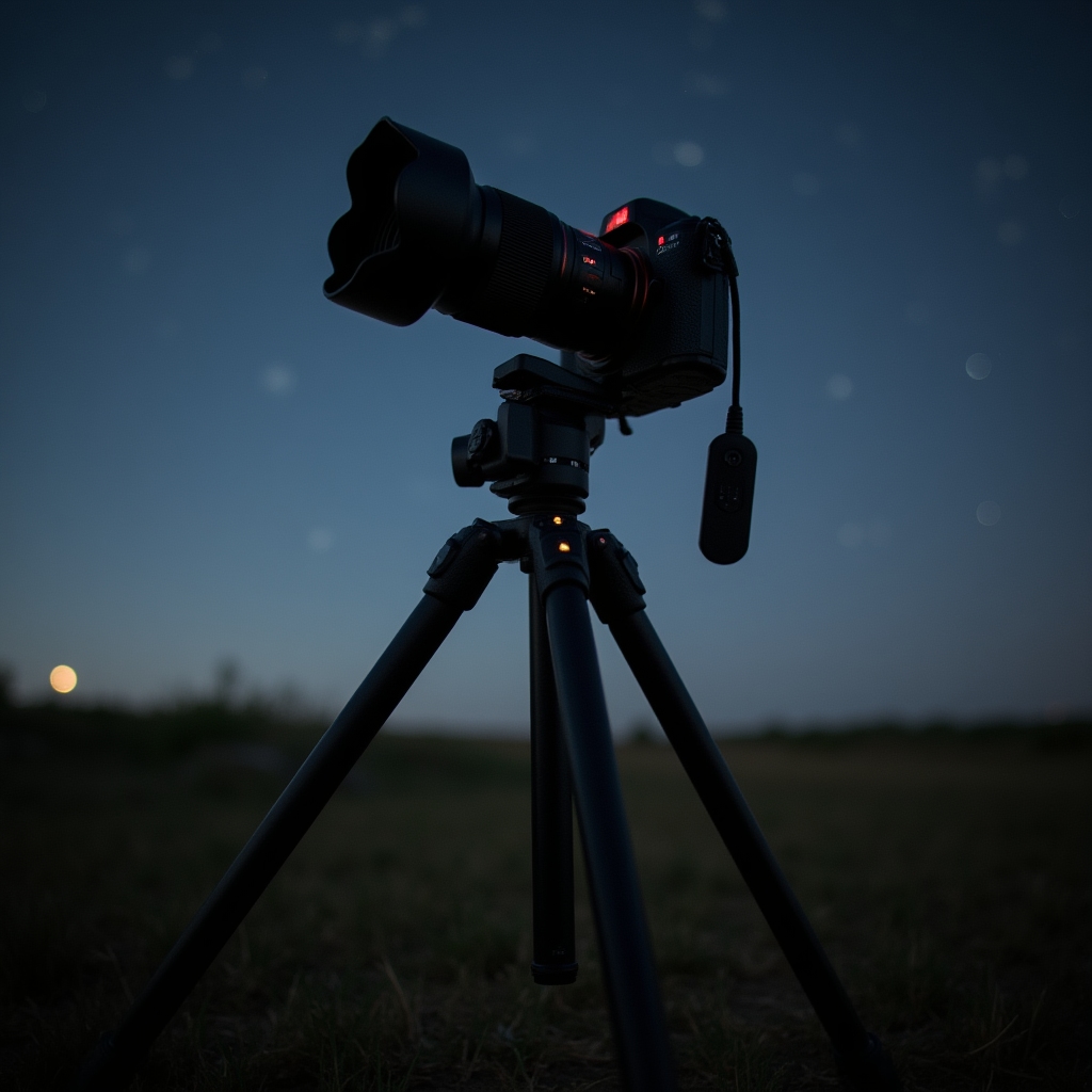 Aparat fotograficzny na solidnym statywie przygotowany do fotografii nocnego nieba