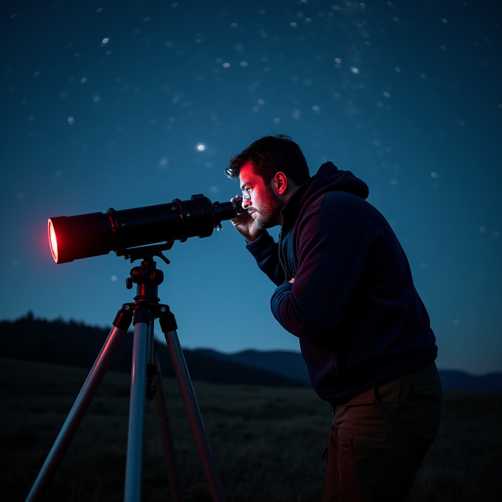 Amator astronomii obserwujący niebo przez teleskop w ciemną noc